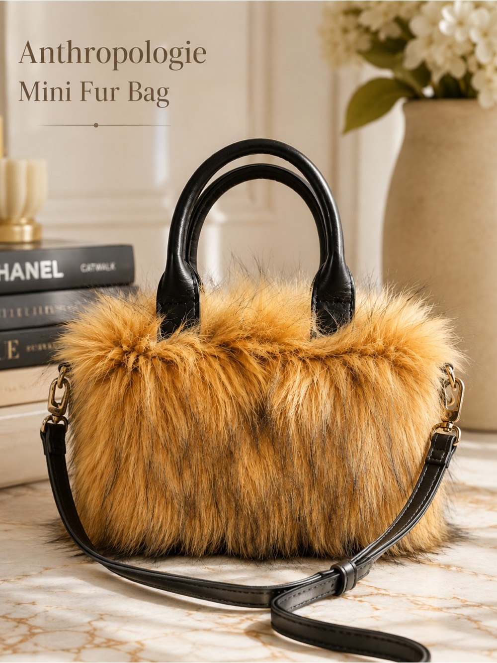 Anthropologie Mini Fur Tote in Golden Tan with Black Trim